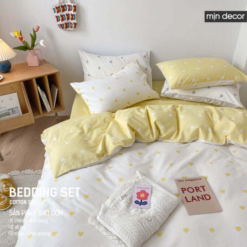 Bộ chăn ga gối Cotton 3D Mịn Decor 2021 - Bộ ga giường và vỏ chăn gối họa tiết tim nhiều màu, sử dụng cả 2 mặt