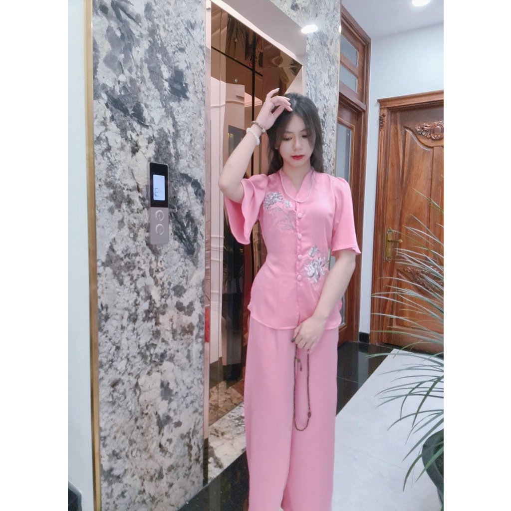 Đồ Lam Đi Chùa Nữ Vải Lụa Ngọc Trai Thêu Hoa Cúc