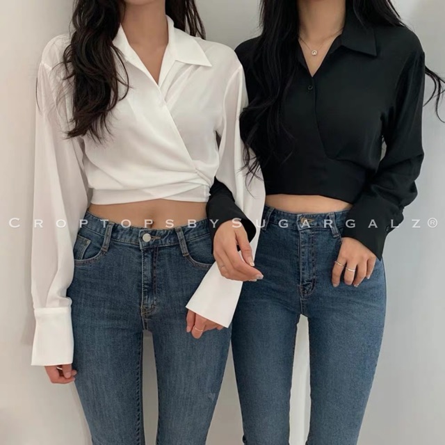 Áo croptop sơ mi vạt chéo thắt lưng eo tay dài - by SugarG