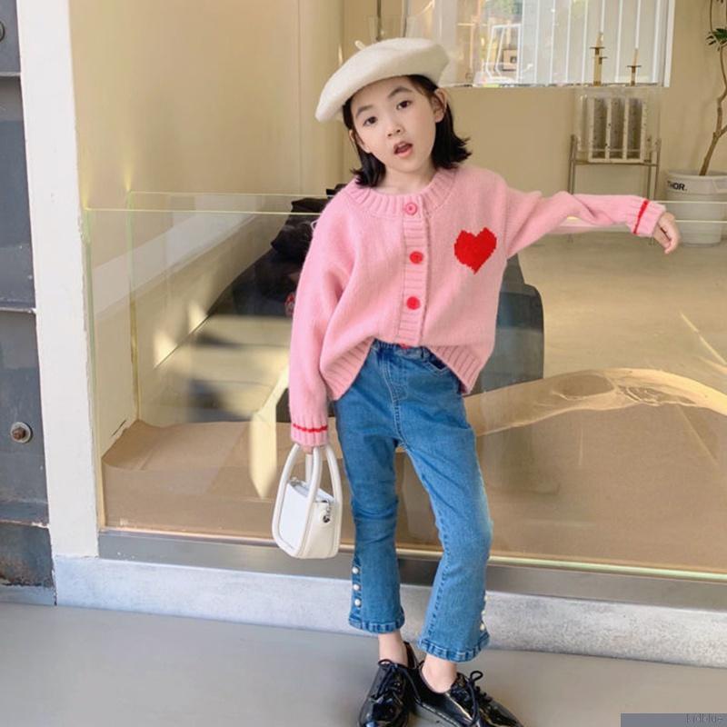 Áo khoác cardigan dệt kim tay dài cổ tròn cài nút họa tiết trái tim dễ thương cho bé gái