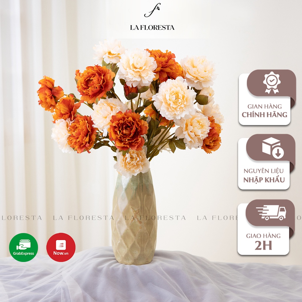 Cành Hoa Mẫu Đơn Giả 2 Bông 1 Nụ LA FLORESTA Chất Liệu Lụa Cao Cấp, Dùng Để Cắm Bình Trang Trí Nhà Cửa