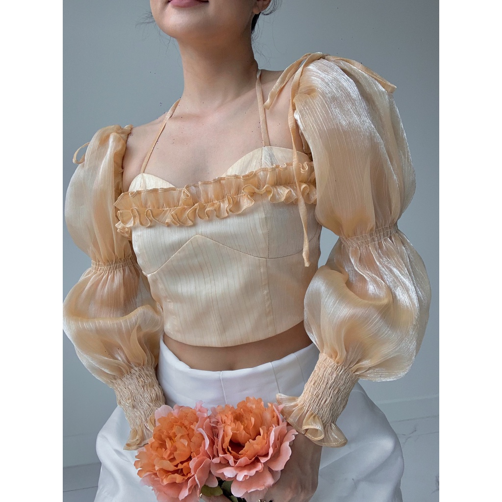 Áo kiểu croptop nữ  nhún ngực tay phồng The Peachy- Suzie top chất liệu tơ nhũ
