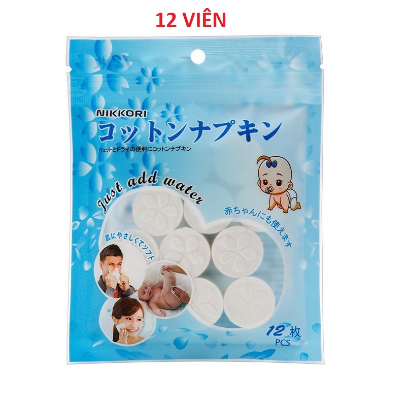 Khăn Giấy Khô Nén Dạng Viên Tiện Khi Đi Du Lịch, Trang Điểm, Lau Cho Em Bé (1 gói 12 khăn)