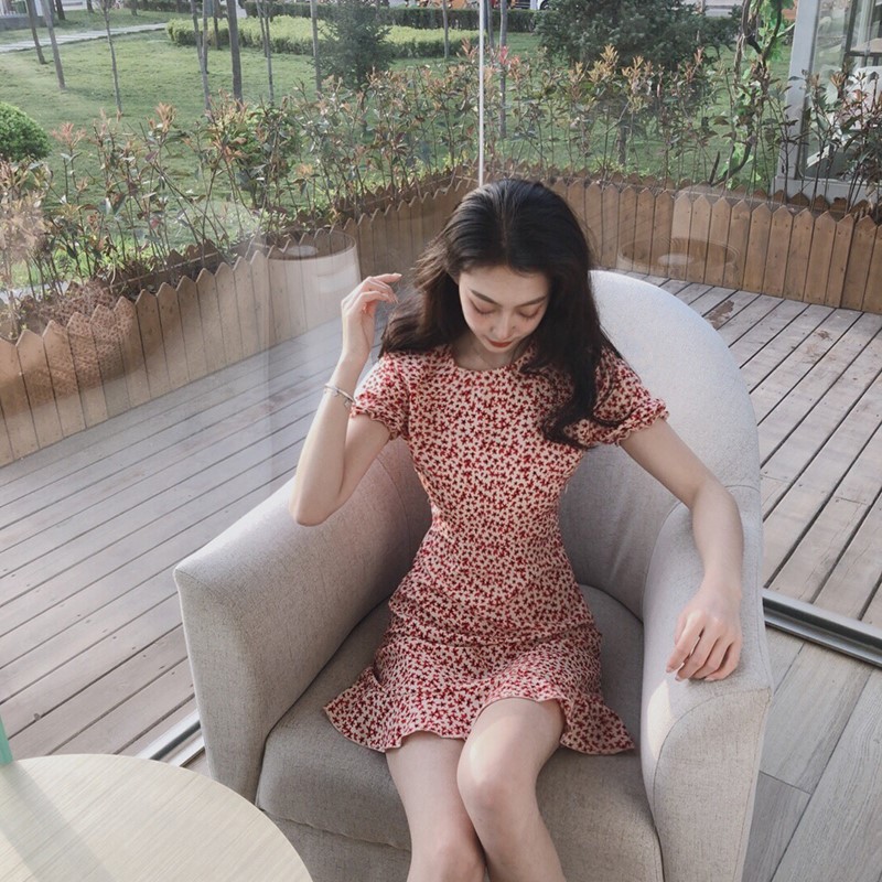 Xiaozhainv Đầm tay ngắn cổ tròn hoạ tiết hoa nữ tính | BigBuy360 - bigbuy360.vn