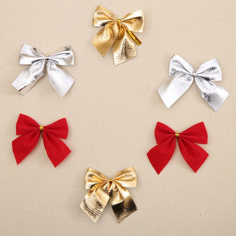 Set 12 Nơ Ruy Băng Mini Màu Vàng / Bạc / Đỏ Trang Trí Cây Thông Giáng Sinh