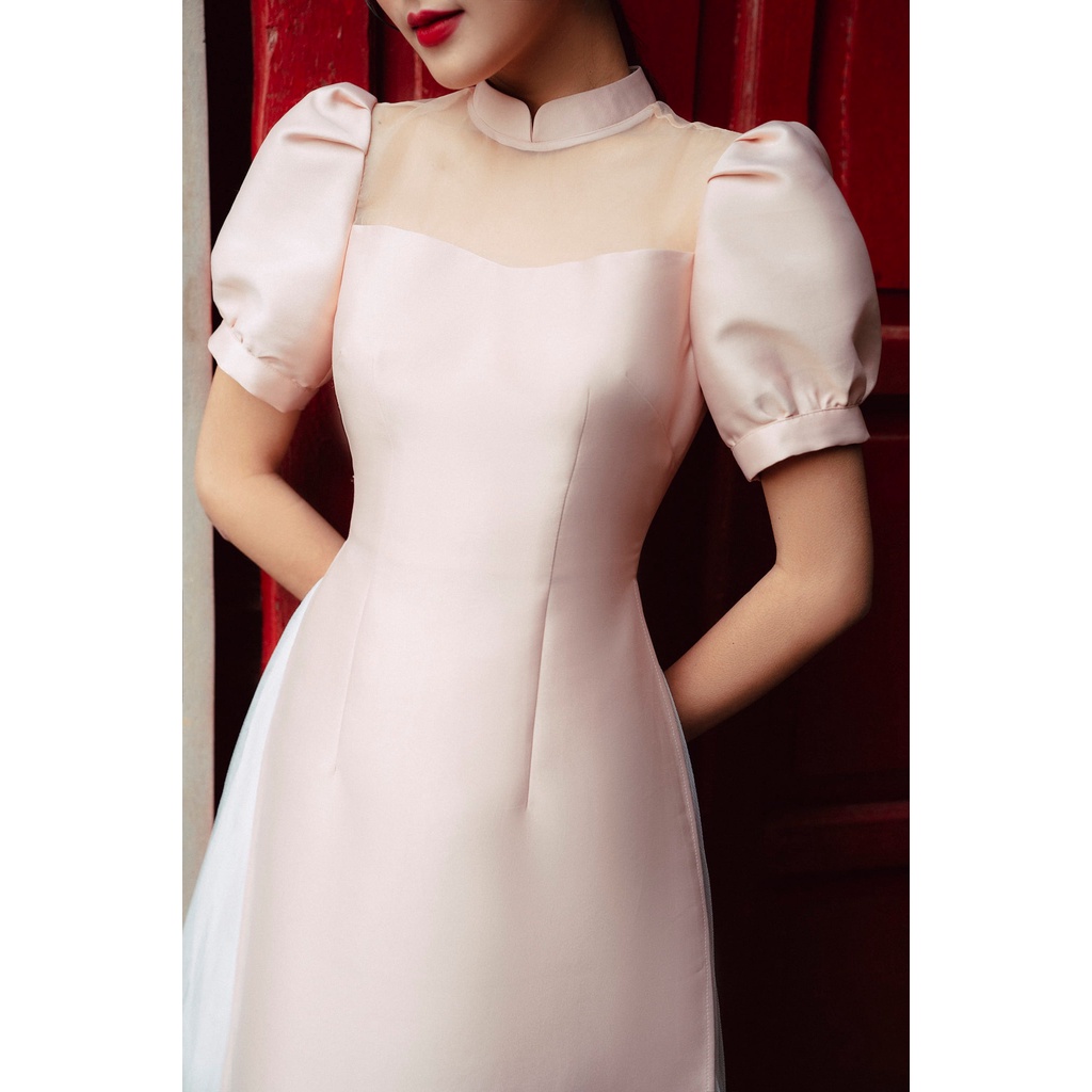 Áo dài cổ tàu cúp phối lưới tay ngắn bồng bo viền TIINSTORE ACT132