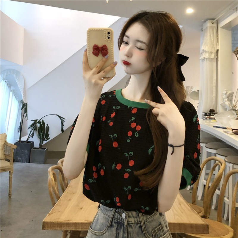 Áo thun ZHELIHANGFEI dệt kim tay phồng ngắn thời trang