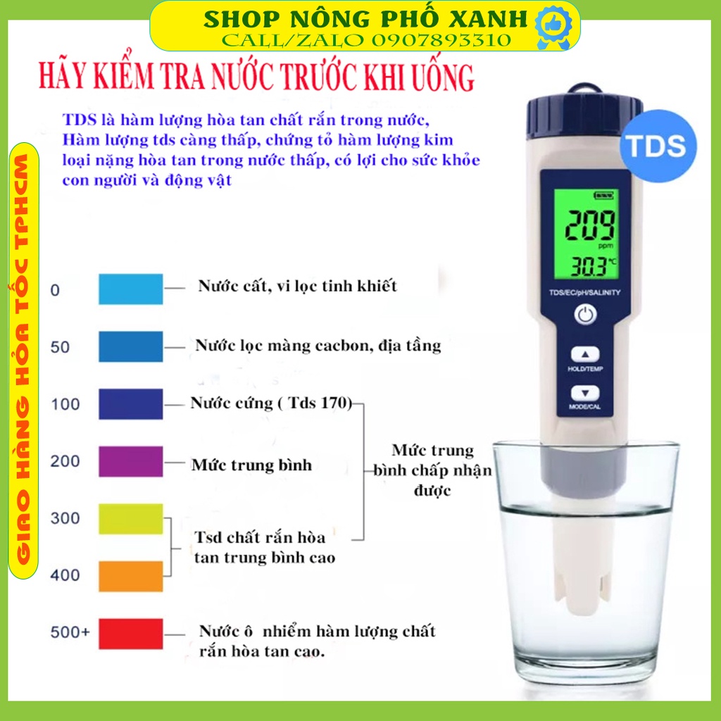 Bút đo PH nước 5 chức năng, Độ mặn thực phẩm, nuôi trồng thủy sản, Đo Độ PH/Tds/Ec/Độ MặN/Nhiệt Độ kèm bộ hiệu chuẩn