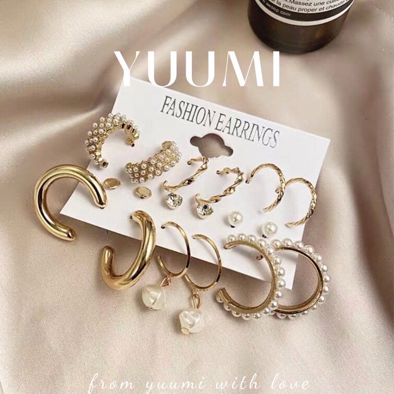 Set 9 Khuyên Tai Nữ Phong Cách Hàn Quốc, Bông Tai, Phụ Kiện Yuumi