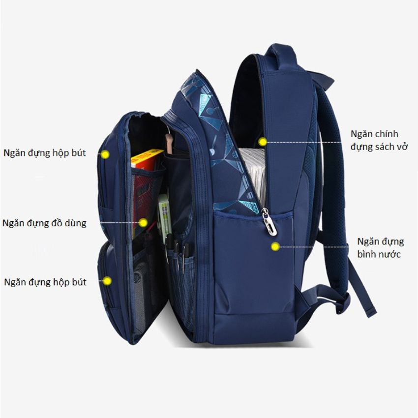 Cặp balo học sinh nam đi học cấp 1, cấp 2 chất liệu vải dù chống thấm nước cao cấp với nhiều ngăn tiện dụng BLHS13
