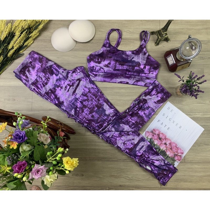 Đồ tập yoga , thun poly 4 chiều dày dặn sẵn mút , phối dây chân MS 011