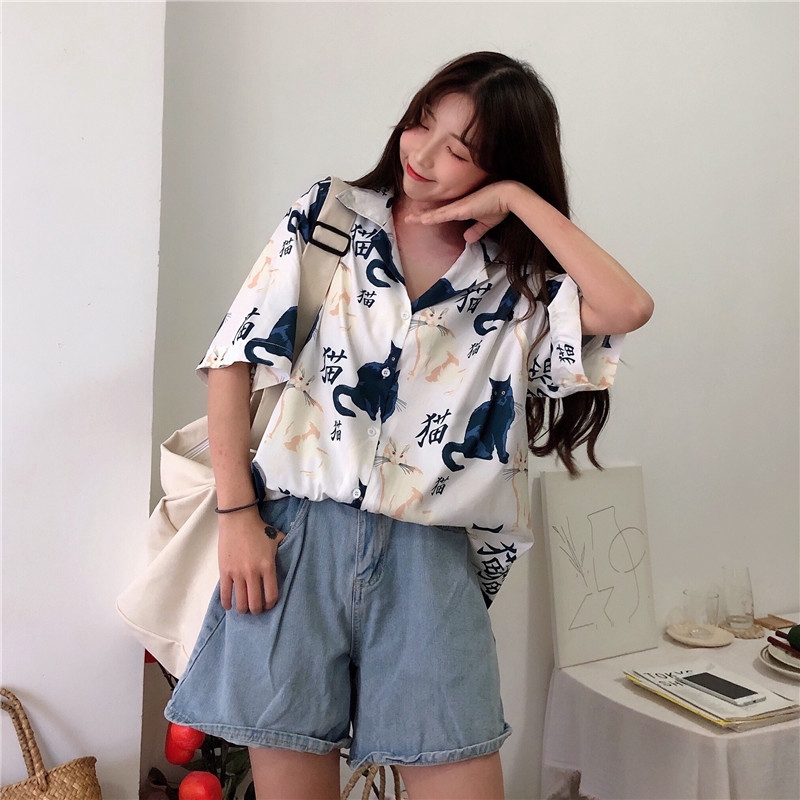 SUXI Áo Sơ Mi Ngắn Tay In Hình Mèo Xinh Xắn