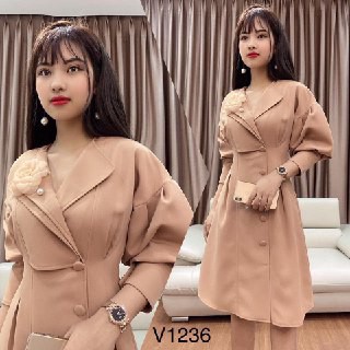 [ xả kho ] MiD Đầm nâu cổ V tay bồng lỡ đính hoa V1236 kèm ảnh thật