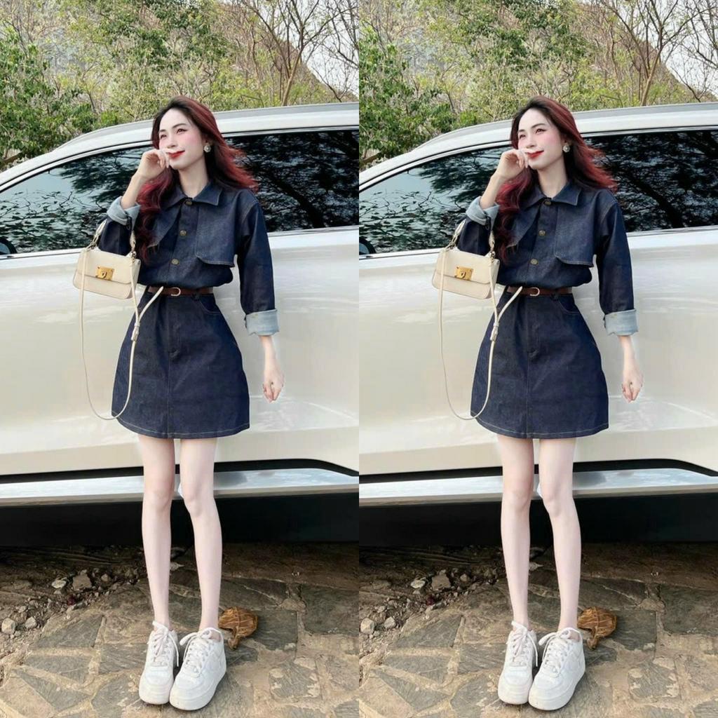 Sesy áo tay dài cổ sơ mi đóng nút thanh lịch mix chấn váy jean ( kèm nịt ) tôn dáng dự tiệc đi chơi dễ thương