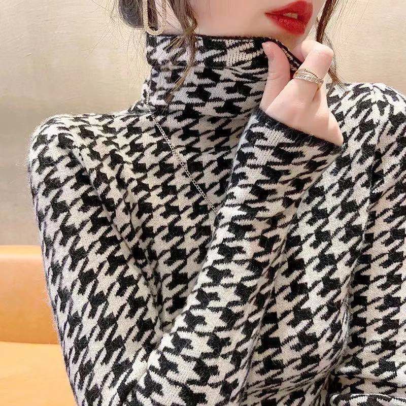 Áo len RENJIANVSHENG cổ cao họa tiết Houndstooth thời trang dành cho nữ