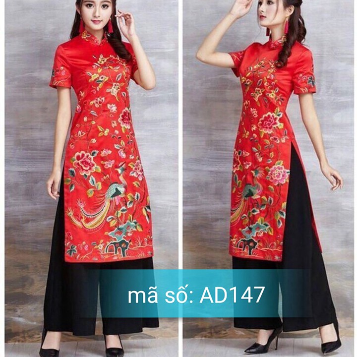 Có 4XL Set Áo Dài Cách TÂN CỔ TRỤ NỀN ĐỎ HỌA TIẾT LONG PHỤNG KÈM QUẦN VOAL ỐNG RỘNG