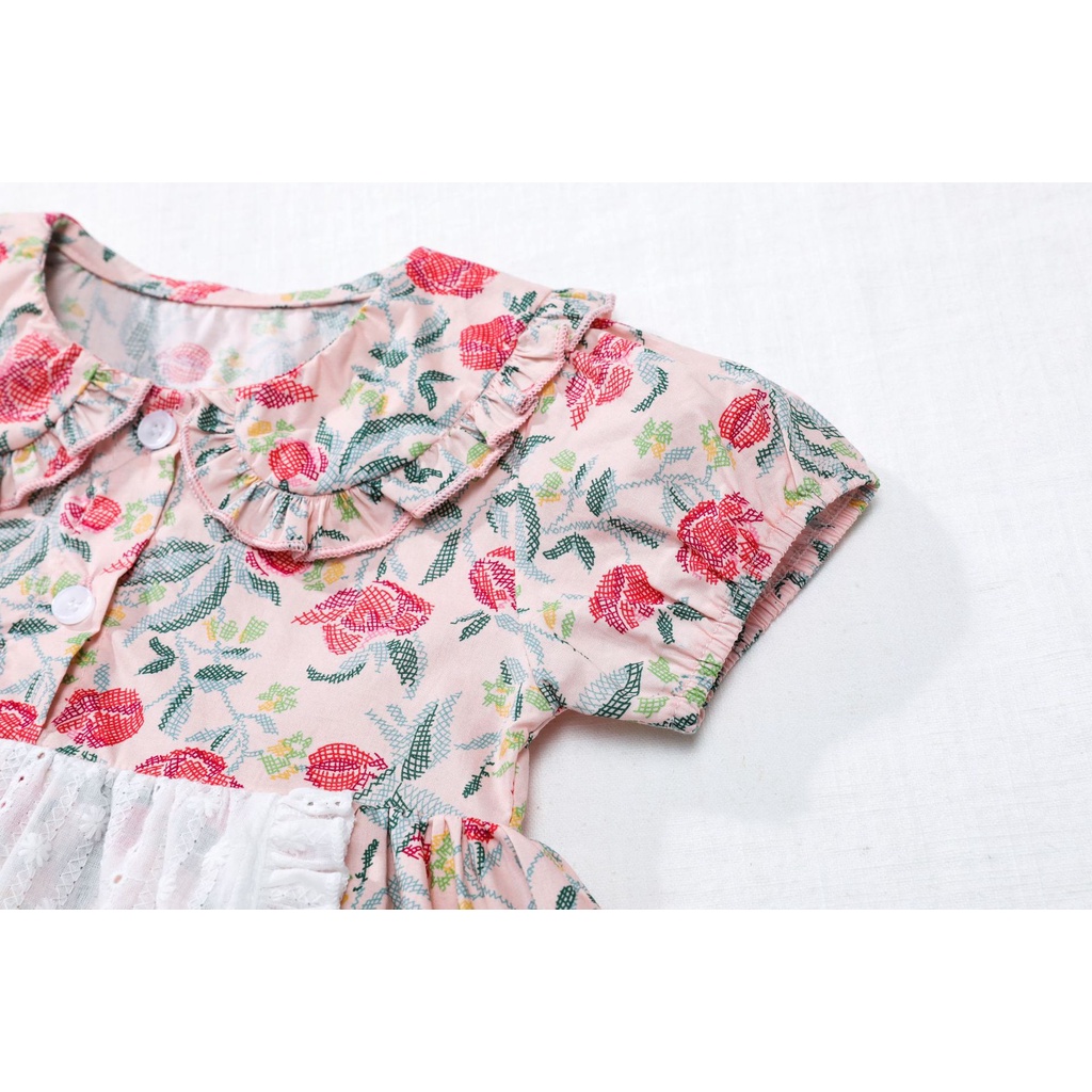 Set Jumpsuit Tay Ngắn Hoạ Tiết Hoa + Băng Đô Cài Tóc Cho Bé