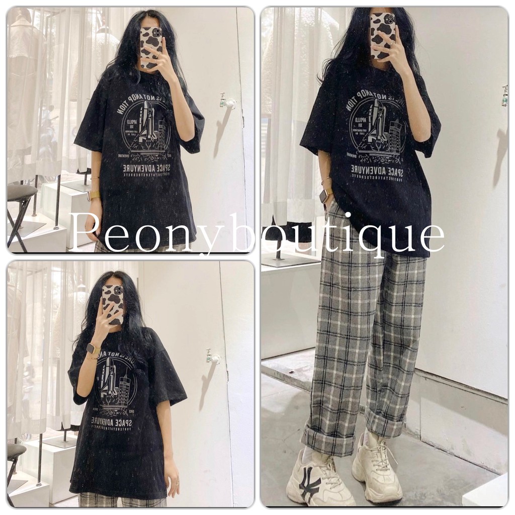 Set Culottes Kẻ Space PEONYB Nữ [FREESHIP] 🌸 Bộ quần thun suông ống rộng kèm áo phông in hình form oversize Ulzzang HOT🌸 | BigBuy360 - bigbuy360.vn