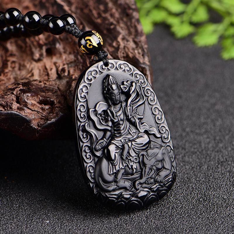 Chuỗi hạt đeo cổ mặt Phật Phổ Hiền Bồ Tát bằng đá Obsidian -Tuổi Thìn, tuổi Tỵ - đá tự nhiên MS01