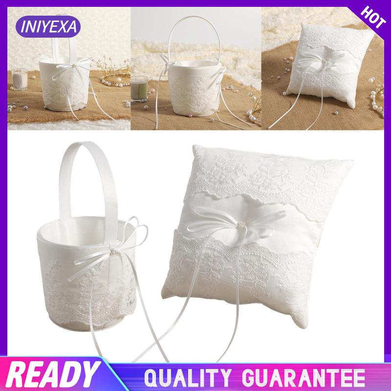 Bộ Gối Để Nhẫn Cưới Bằng Vải Satin Màu Trắng Đính Ngọc Trai Sang Trọng