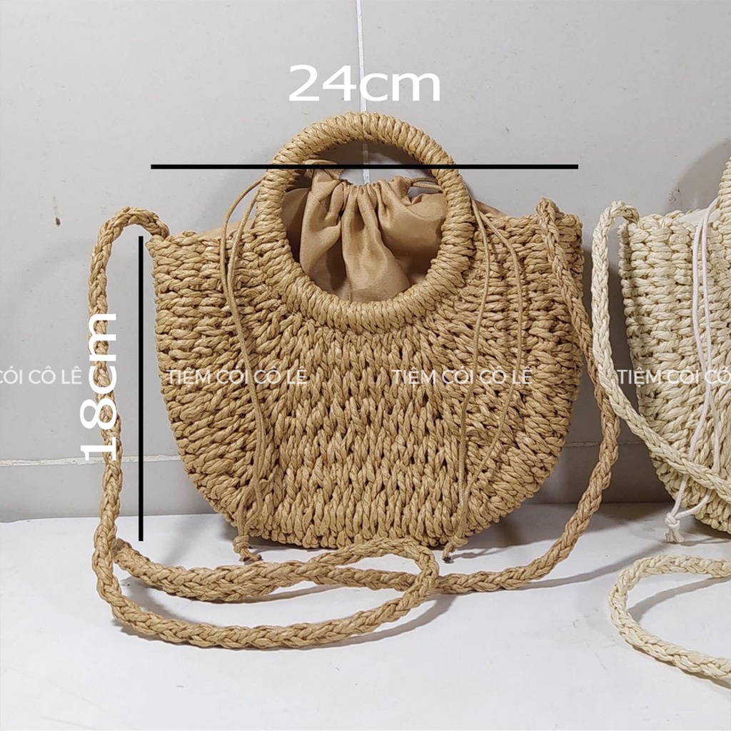 Túi cói bán nguyệt đính hoa cúc trắng đi biển xinh xắn, dễ thương - Tiệm Cói Cô Lê
