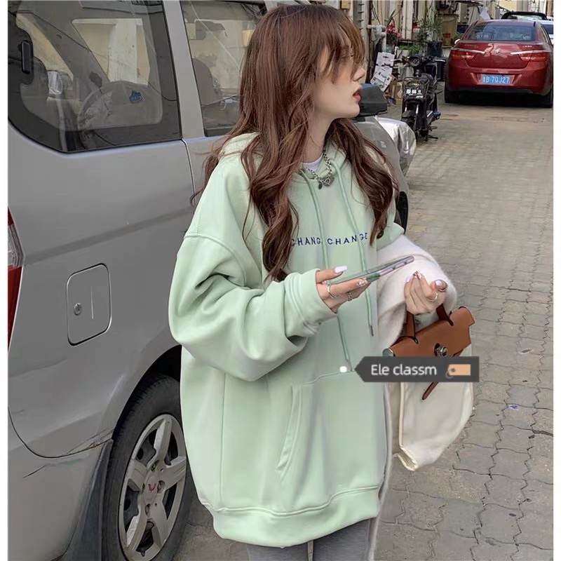 Áo Hoodie Nỉ Bông Tay Dài Unisex Chữ Xanh Đậu
