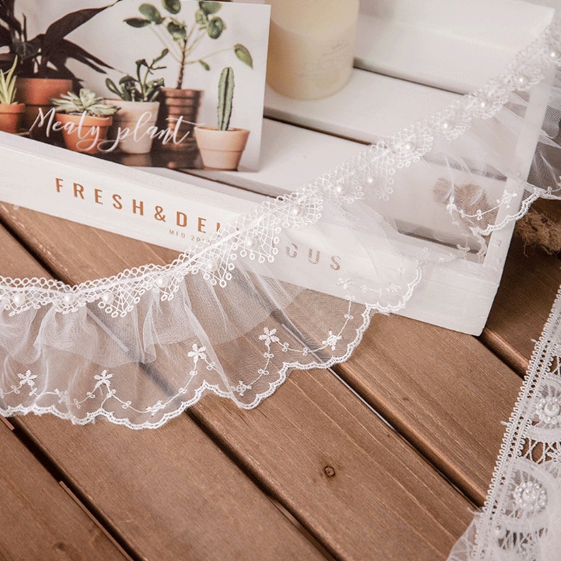 Dây ruy băng ren lưới đính ngọc trai giả xếp ly dài 1 yard dùng trang trí váy cưới DIY