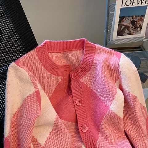 Áo Khoác Cardigan Dệt Kim Tay Dài Dáng Ngắn Hoạ Tiết Hình Thoi Màu Hồng  tao bao