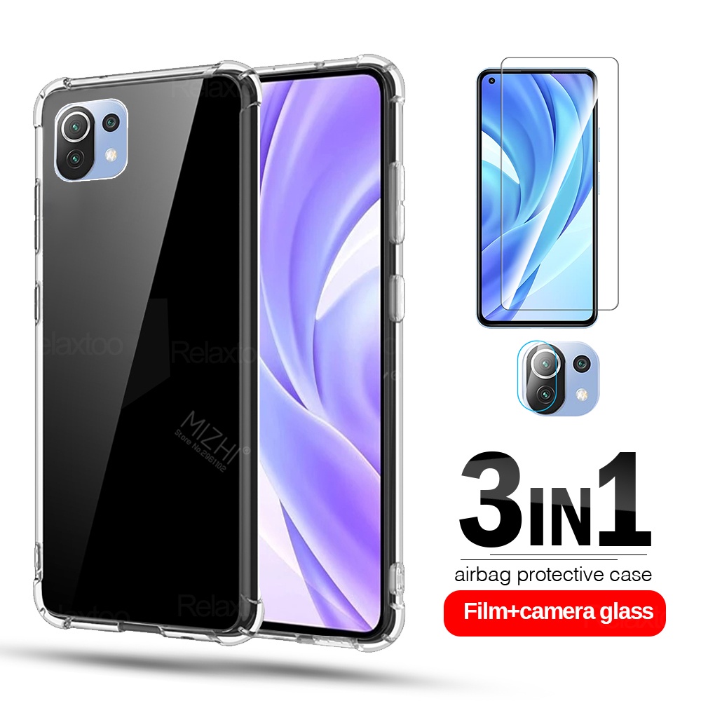 Ốp Điện Thoại Trong Suốt + Miếng Dán Cường Lực Bảo Vệ Ống Kính Máy Ảnh 3 Trong 1 Chống Sốc Cho Xiaomi 11 10 9 8 Lite 5g