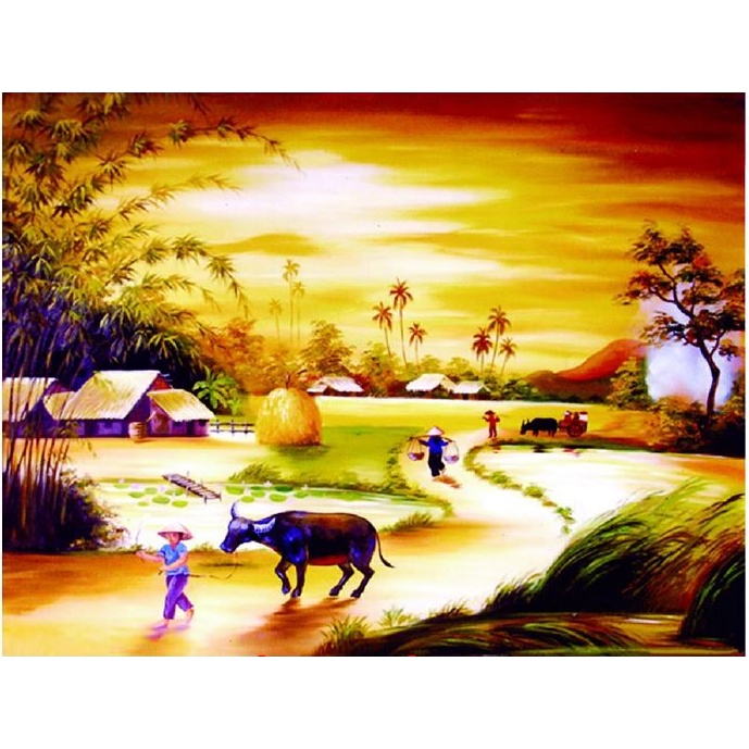 Tranh Đính Đá LÀNG QUÊ THANH BÌNH (ĐÁ ABC CAO CẤP). Kích Thước: 70cm x 54cm