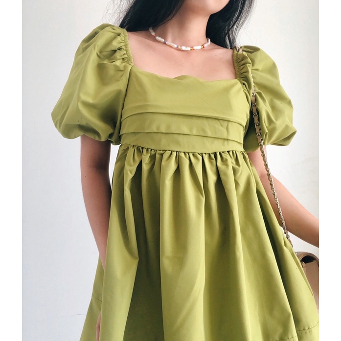 Váy hè xinh, Váy hè thô nơ sau tay phồng xanh cốm cổ vuông xinh,Đầm hè xanh cốm babydoll tiểu thư | BigBuy360 - bigbuy360.vn