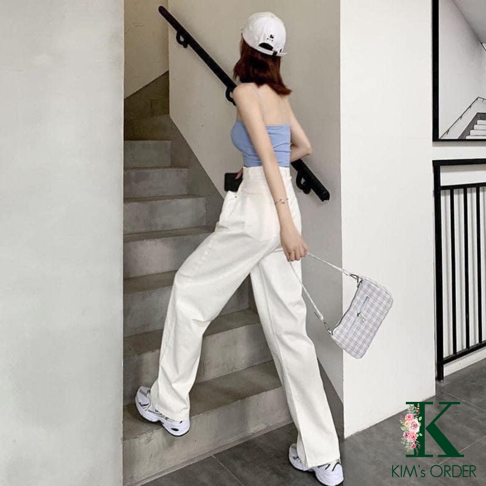 Quần jeans nữ phối khuy gài eo cạp cao ống suông rộng phong cách Ulzzang Hàn Quốc hai màu đen trắng basic chuẩn loại 1