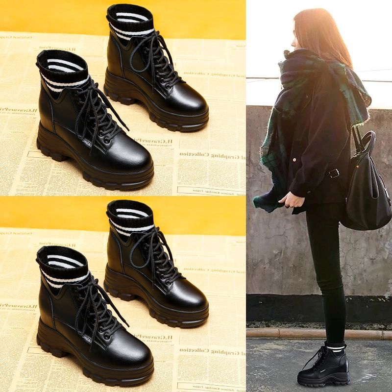 Giày bốt nữ cổ chun sọc đen trắng da mềm độn phong cách Anh quốc cổ cao đế cao | BigBuy360 - bigbuy360.vn