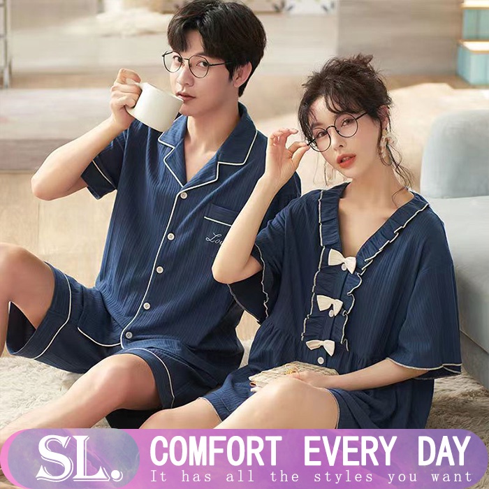 Bộ Đồ Ngủ Tay Ngắn Chất Liệu Cotton Phong Cách Hàn Quốc Thời Trang Mùa Hè Cho Cặp Đôi