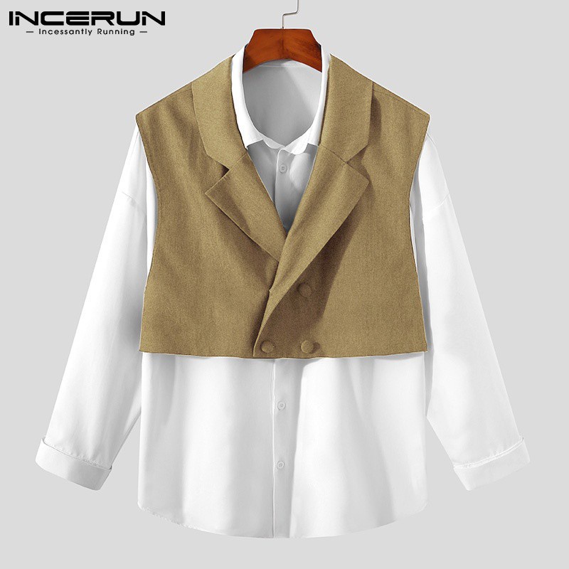 Áo Sơ Mi Hai Mảnh INCERUN Tay Dài Giả Áo Giả Vest Thời Trang Hàn Quốc