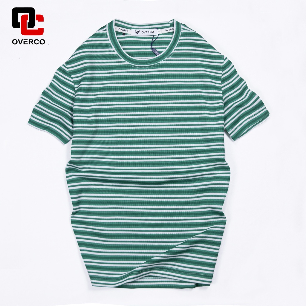 Áo thun nam, áo thun cotton cổ tròn sọc ngang trắng xanh OVERCO, năng động phong cách trẻ trung OV-TSPL002