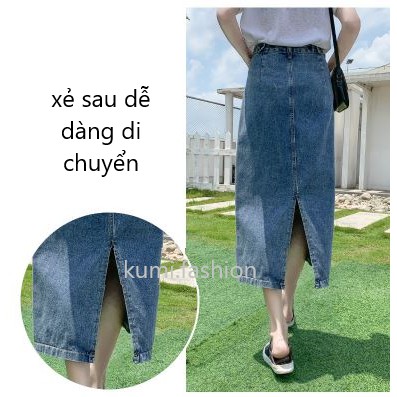 Kumi.vn chân váy dài denim bò cạp cao xẻ sau có cúc chỉnh eo màu xanh nhạt ulzzang Hàn Quốc | BigBuy360 - bigbuy360.vn