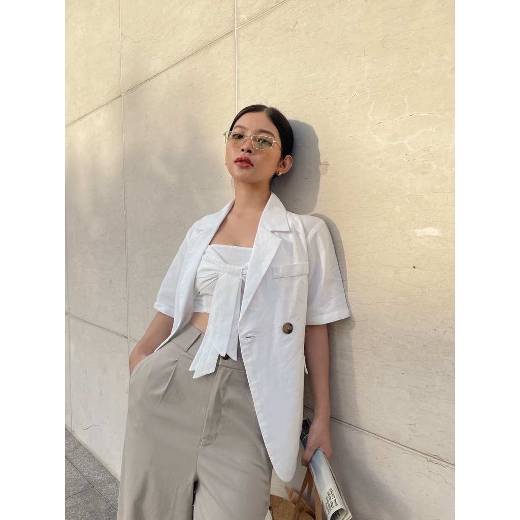 Áo Blazer Ngắn Tay Linen Freesize Màu Beige  - HOO DESIGN