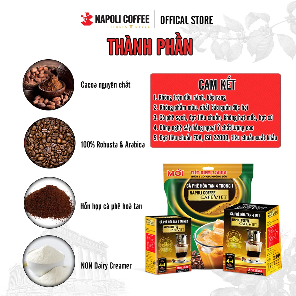 3 Túi Lớn Cà Phê Socola Sữa Đá 4in1 Napoli Coffee Từ Arabica &amp; Robusta Hạt sạch(18 gói x 29g)