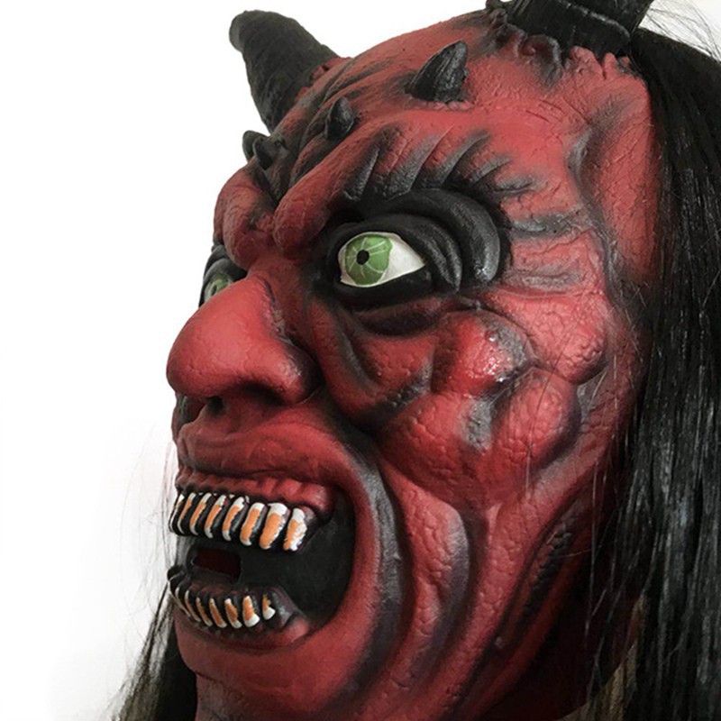 Mặt nạ đỏ 2 sừng kèm bộ tóc đen dài