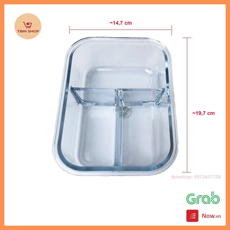 Hộp cơm thủy tinh 3 ngăn kèm đũa thìa inox 1000ml -