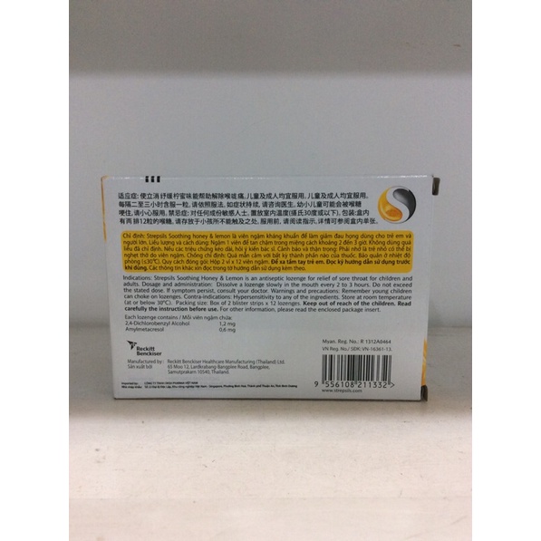 Viên ngậm strepsils soothing honey & lemon hộp 24v