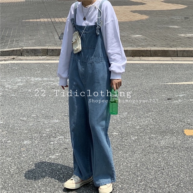 ( ORDER ) Quần yếm jeans ulzzang ống rộng form dài xanh đậm xanh nhạt có size big size / quần yếm bò có bigsize Taobao