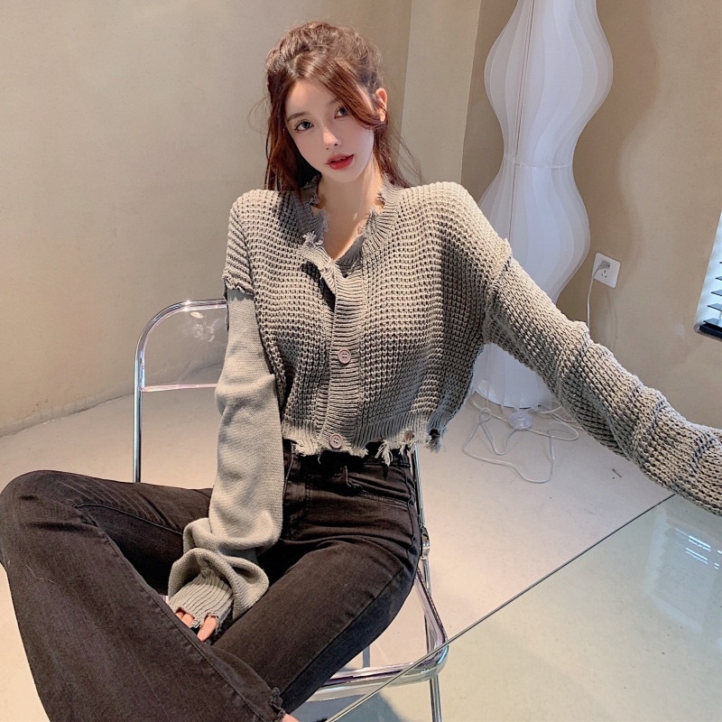 Áo Cardigan dài tay dệt kim lưới cổ chữ V dáng rộng mùa xuân dành cho nữ