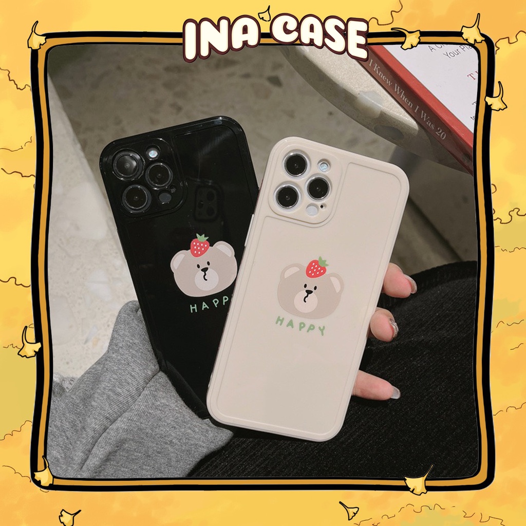 Ốp lưng iphone - Ốp iphone cạnh vuông gấu quả dâu happy iphone 5/5s/6/6plus/6s/6s plus/6/7/7plus/8/8plus/x/xs/xs max/11/