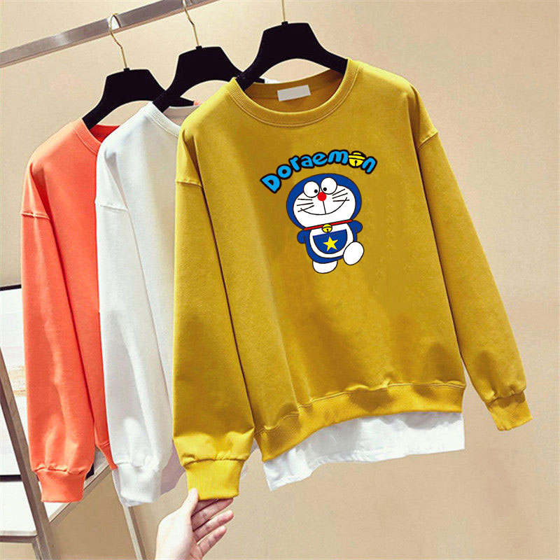 Áo Sweater Cotton Tay Dài Cổ Tròn In Chữ Hoạt Hình Doraemon 4 Màu Tùy Chọn Thời Trang Hàn Quốc Cho Nam Và Nữ