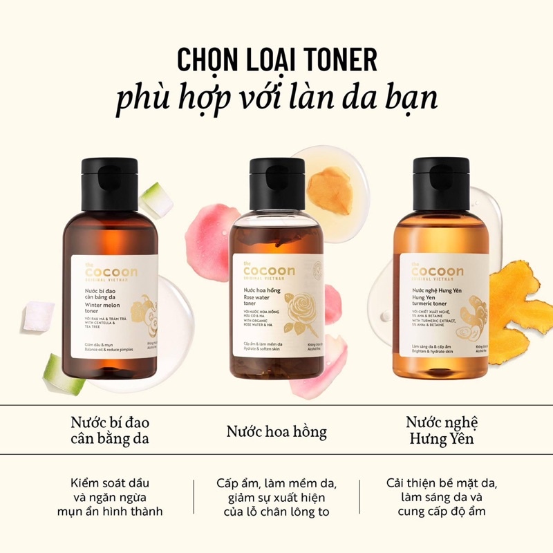 Nước Cân bằng da Cocoon: Nước bí đao cân bằng da &amp; Toner nước nghệ Hưng Yên &amp; Toner hoa hồng Cocoon 140ml - 310ml