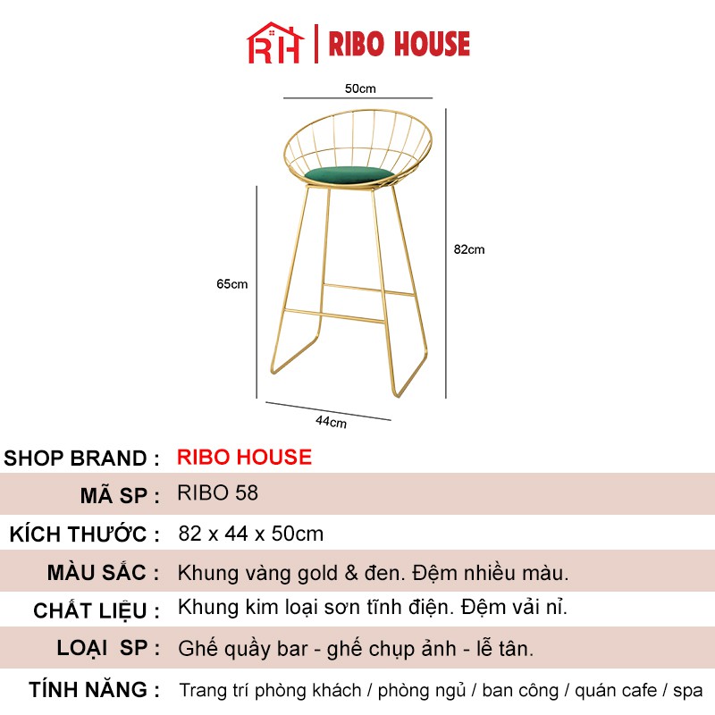 Ghế quầy Bar RIBO HOUSE đệm vải nhung nỉ, ghế trang trí quầy bar decor quán cà phê hoặc để chụp ảnh RIBO58