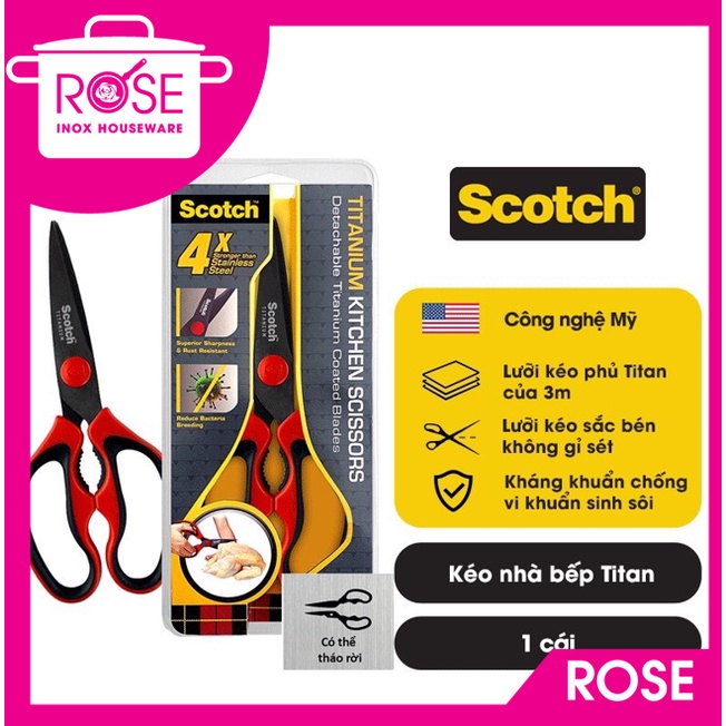Kéo nhà bếp Scotch 3M đa năng, cao cấp công nghệ phủ Titan, tay cầm màu đỏ có thể tháo rời