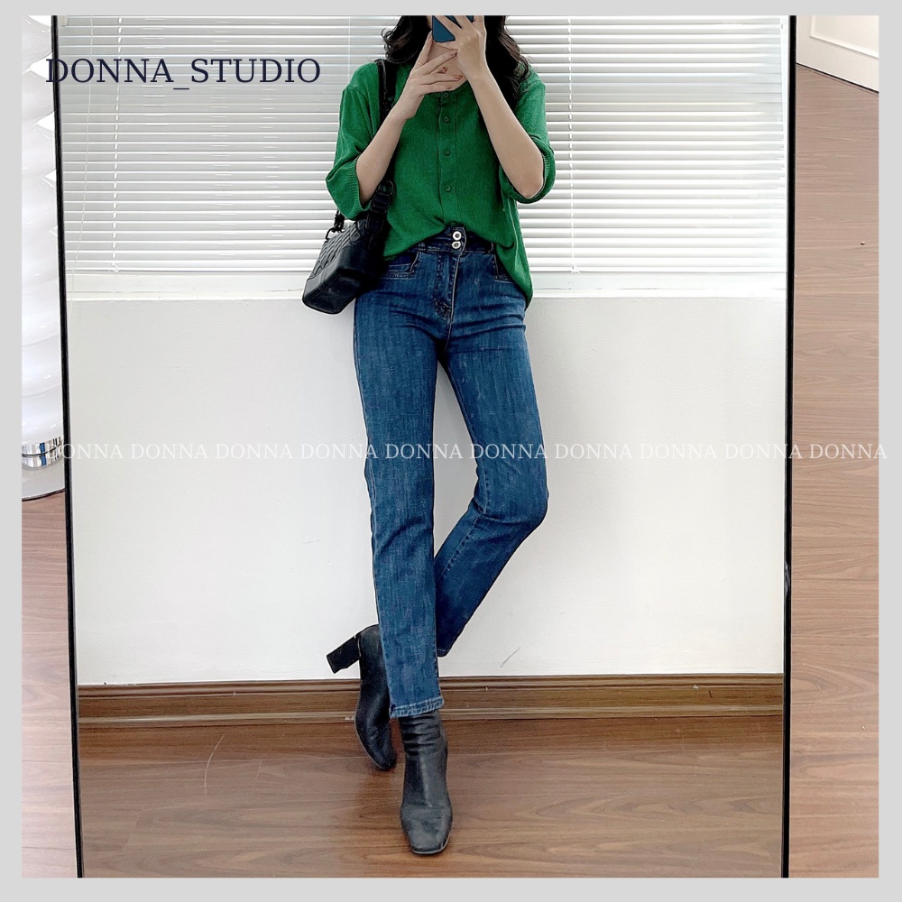 Quần Bò Ống Đứng 2 Cúc DONNA Quần Jean Cạp Cao Phong Cách Hàn Quốc